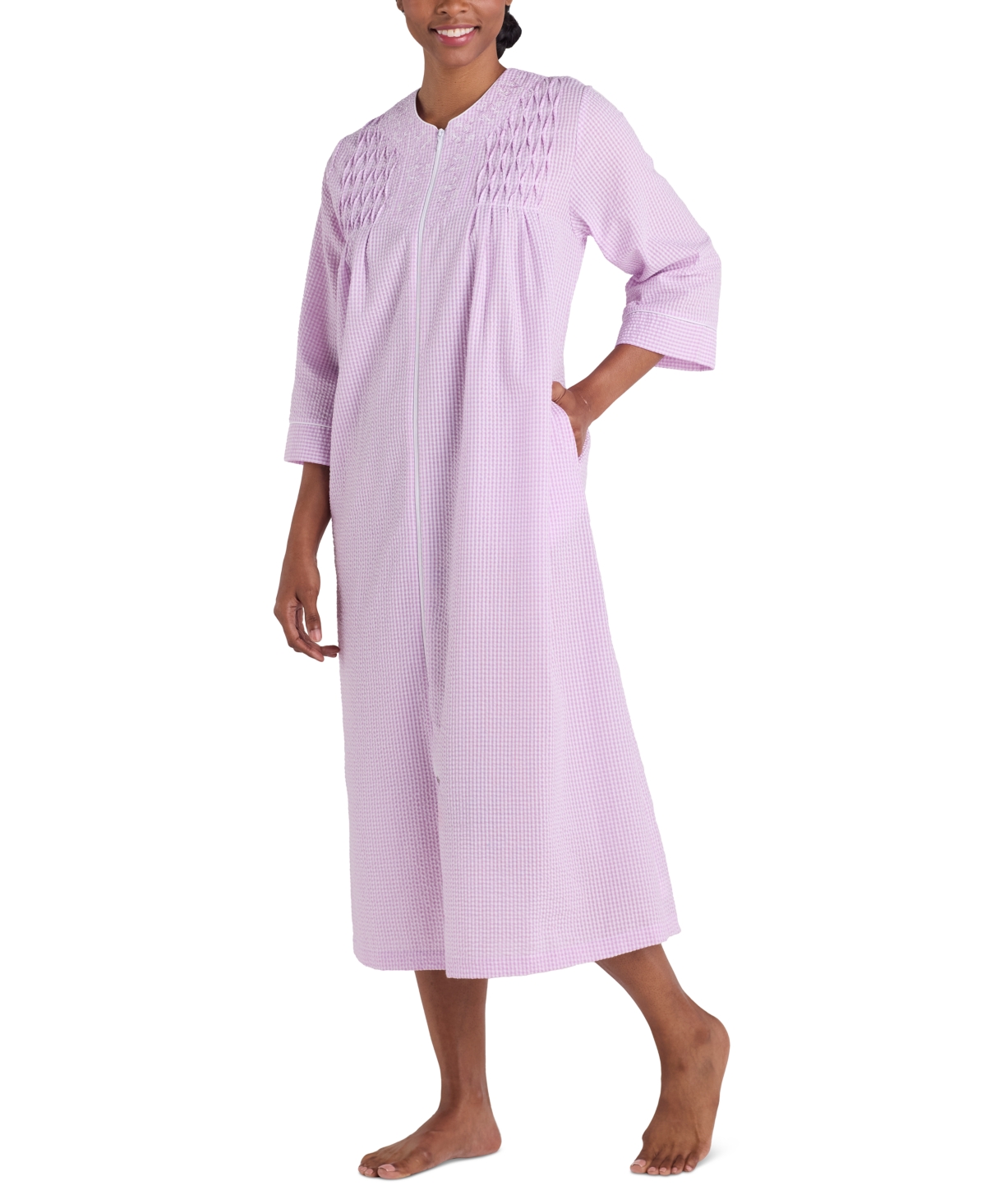 Petite 3/4-Sleeve Zip-Front Seersucker Robe - Lilac/white Check