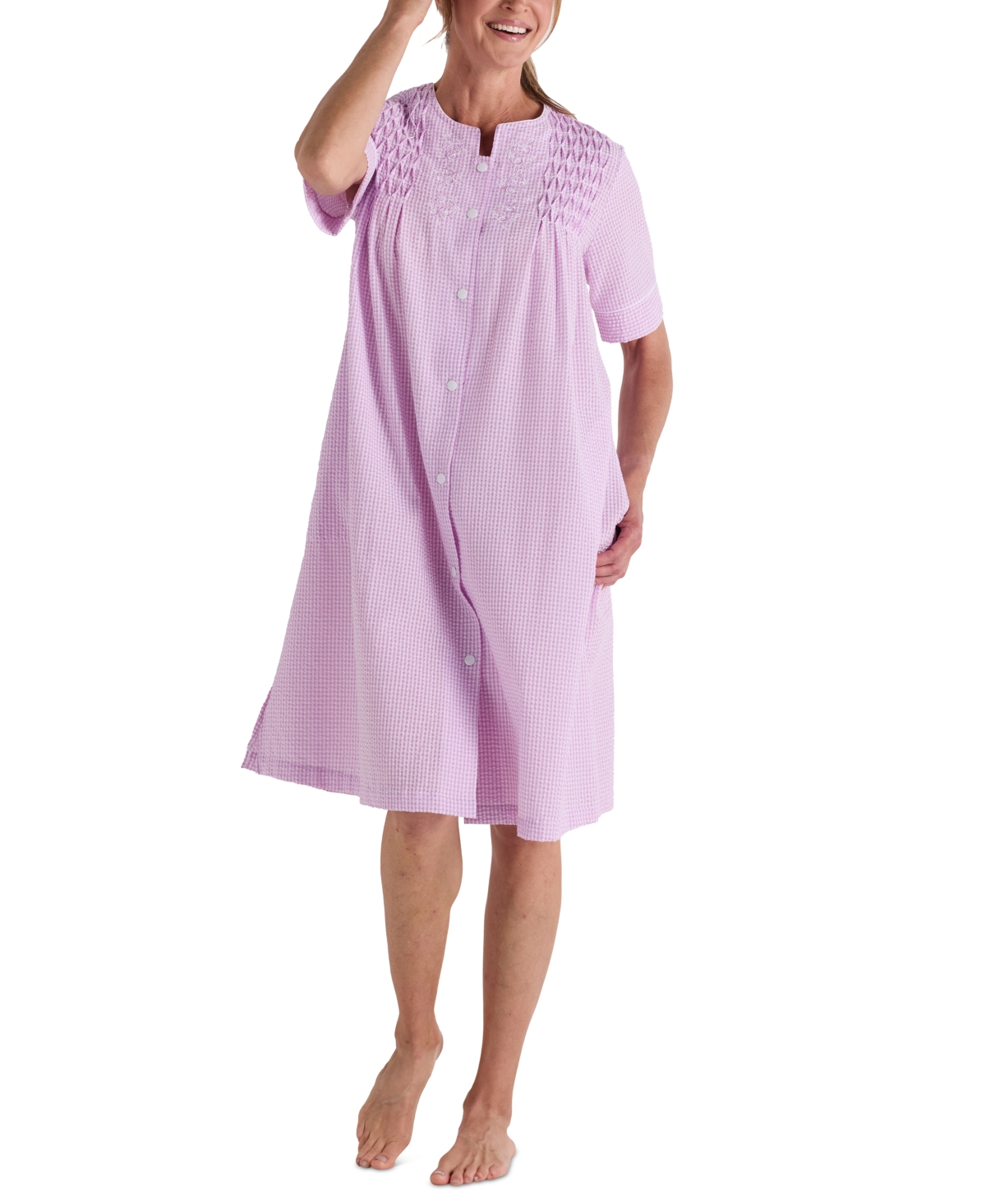 Women's Short-Sleeve Seersucker Robe - Lilac/white Check
