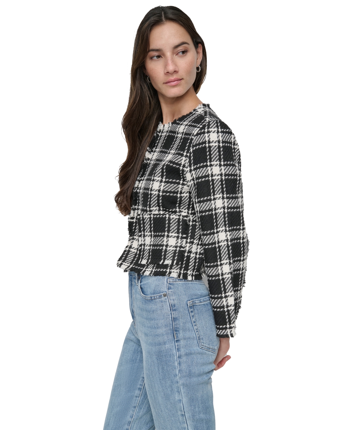 Shop Dkny Jeans Women's Frayed Cropped Long-sleeve Jacket