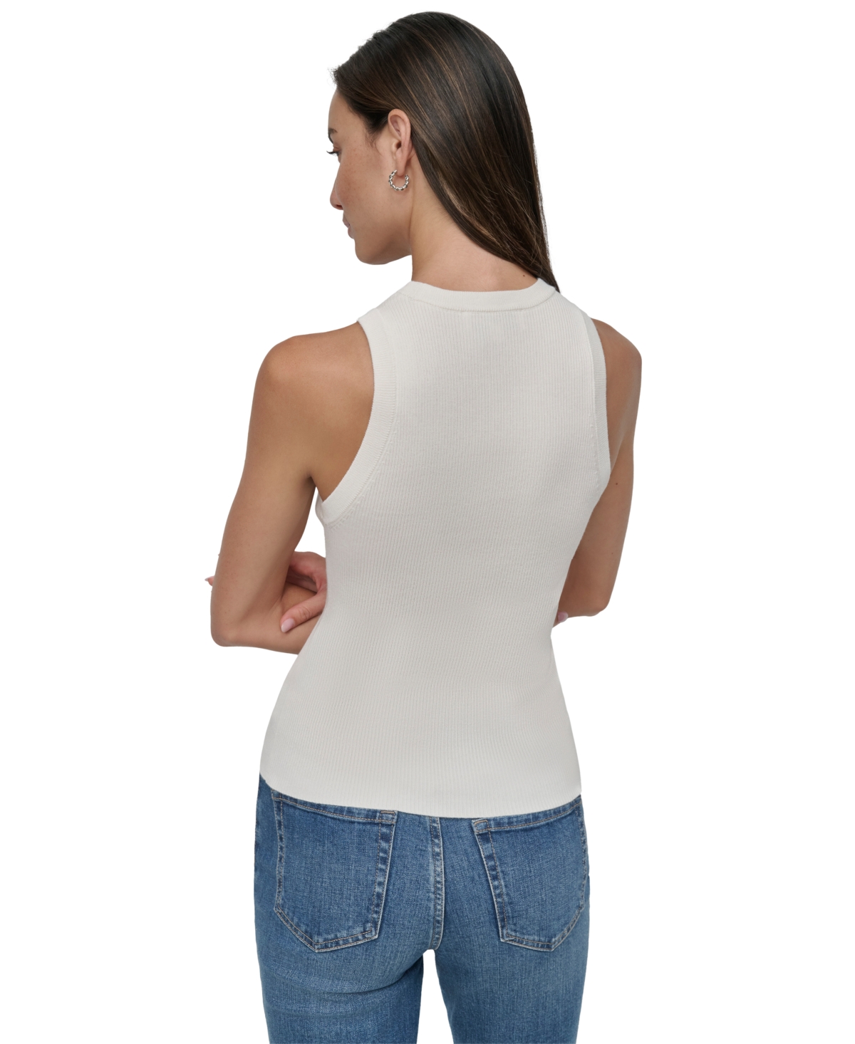 Shop Dkny Jeans Women's Ribbed Sleeveless Crew Neck Sweater In Ivy - Ivory