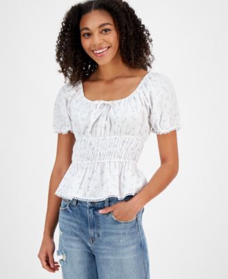 Celebrity Pink - Juniors' Ruched Floral Puff-Sleeve Top