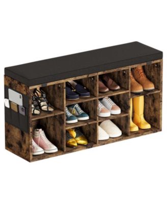 104" Wood & Metal Cushion Shoe Bench with Side Pocket, Adjustable Shelves & 10-Cubby Organizer Cabinet