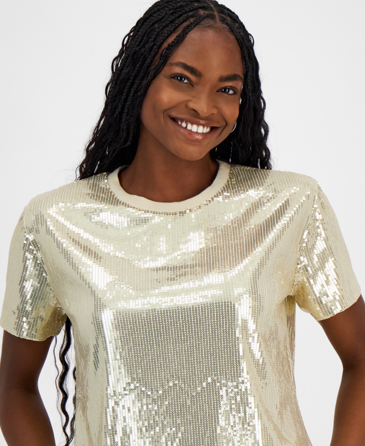 Bar Iii Women's Sequin Short-Sleeve Crewneck Top, Created for Macy's