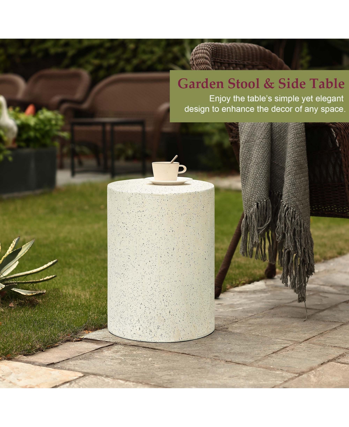 LuxenHomewith Speckled Gray Cement Round Indoor Outdoor Side and End Table - Off white, gray
