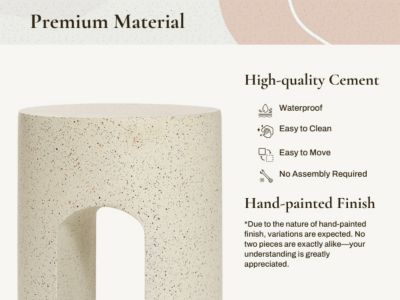 Outdoor Side Table, 17.5'' Mod Cream Cement Small Accent Table, Round with U-Shape End Tables for Garden,Patio,Balcony, Plant Stand