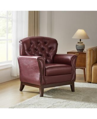 Eugene Traditional Genuine Leather Chair with Tufted Wing Back and Solid Wood
