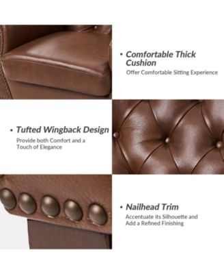 Eugene Traditional Genuine Leather Chair with Tufted Wing Back and Solid Wood