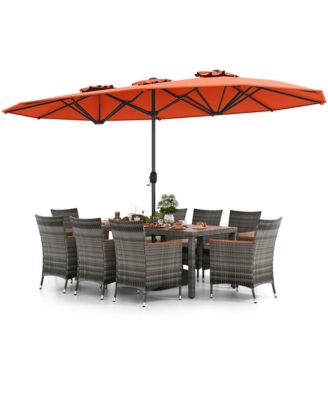 10 Pieces Patio Wicker Dining Set with Double-Sided Patio Umbrella 8 Armchairs
