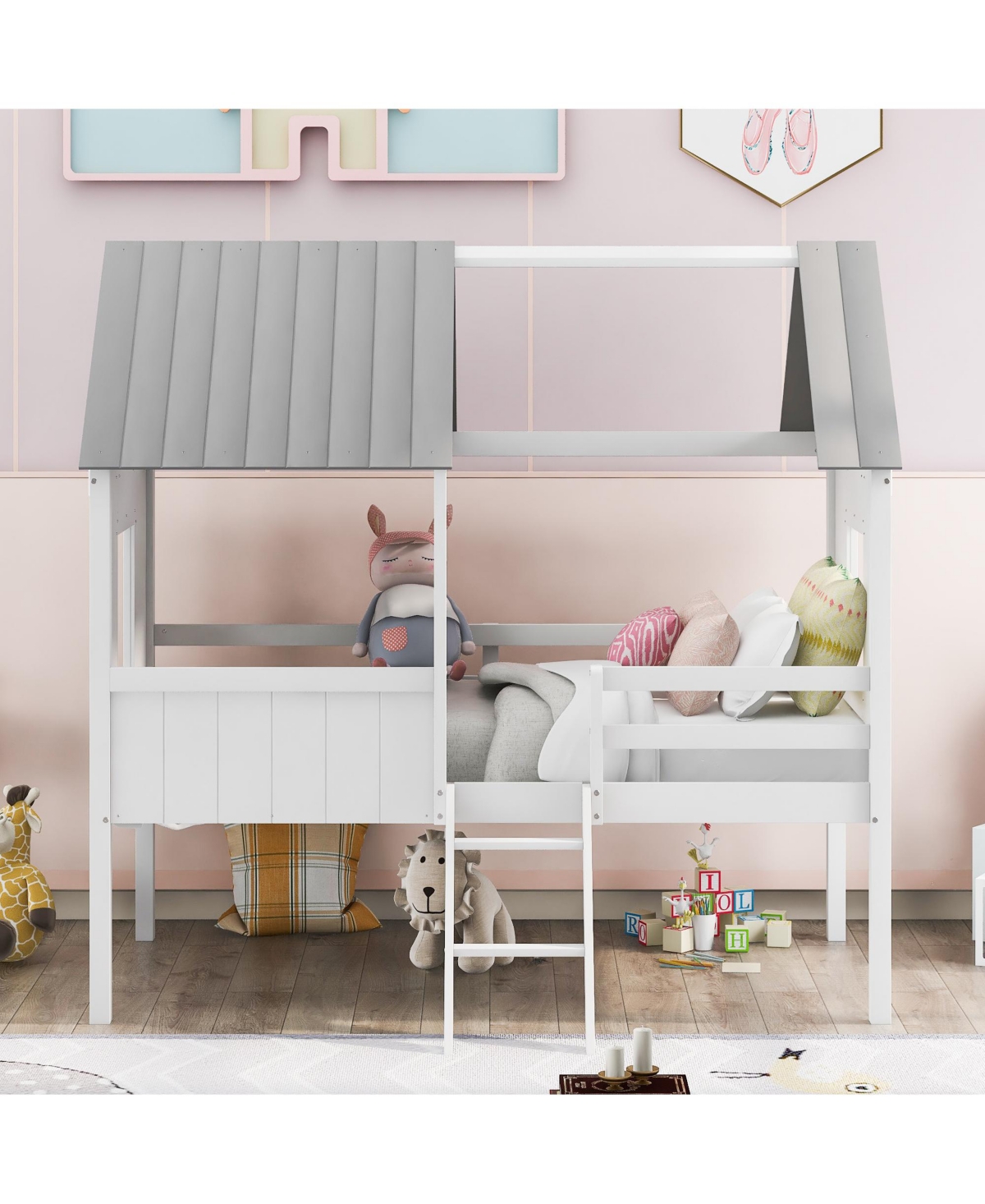 Slickblue Twin Size Low Loft Wood House Bed with Two Side Windows (White+Brown)