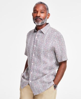 Club Room - Men's Linen Paisley-Stripe Short-Sleeve Shirt