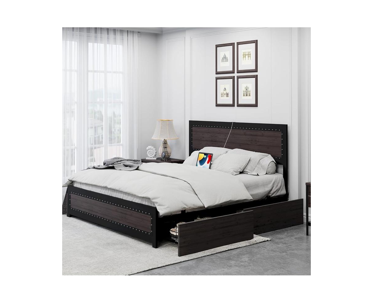 gaomon Bed Frame with Headboard, Industrial Platform Bed Frame with 4 Storage Drawers and Charge Station, Metal Slats Support, No Box Spring Needed