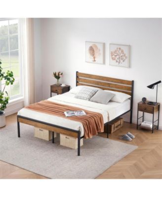 Queen Size Platform Bed Frame with Rustic Vintage Wood Headboard, Mattress Foundation Metal Slats Support, No Box Spring Needed, Brown