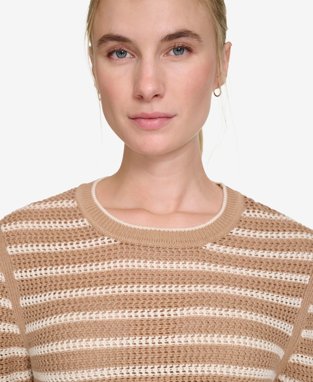 Nautica Jeans Women's Long Sleeves Pointelle Crew Neck Sweater In Camel,white Swan