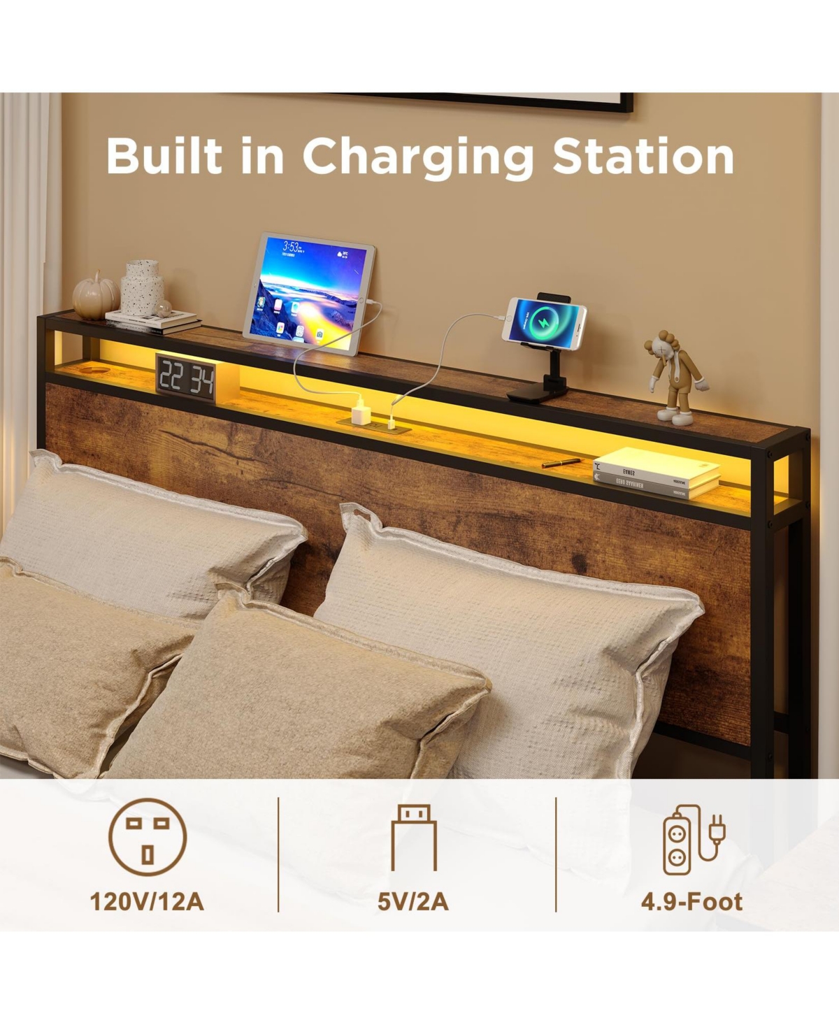 gaomon Bed Frame with Storage Headboard & 4 Drawers, Industrial Wood Platform Bed with Led Headboard and Usb Outlets, Strong Slat Support, Easy