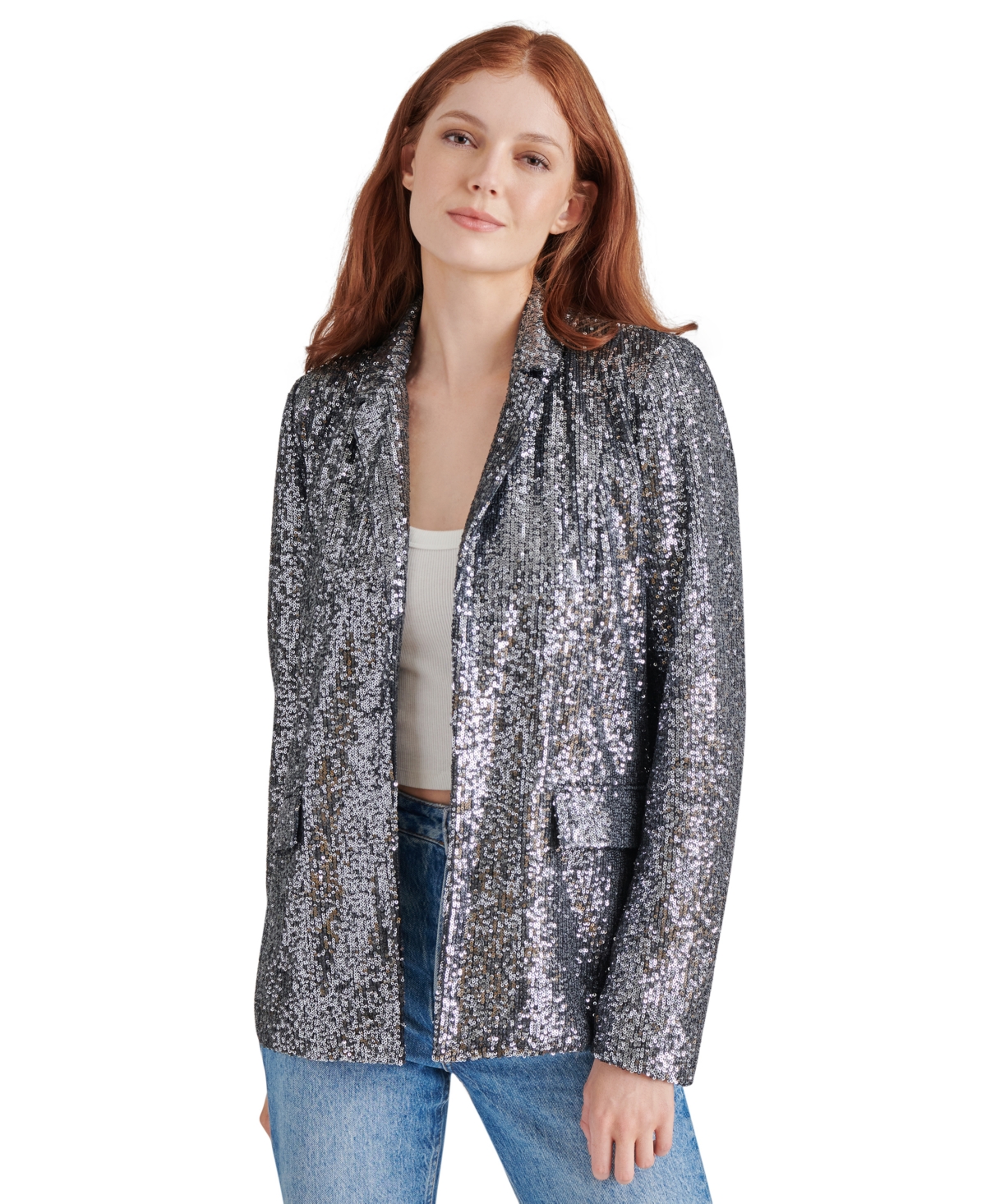 Steve Madden Payton Sequin Open Front Blazer In Silver Grey