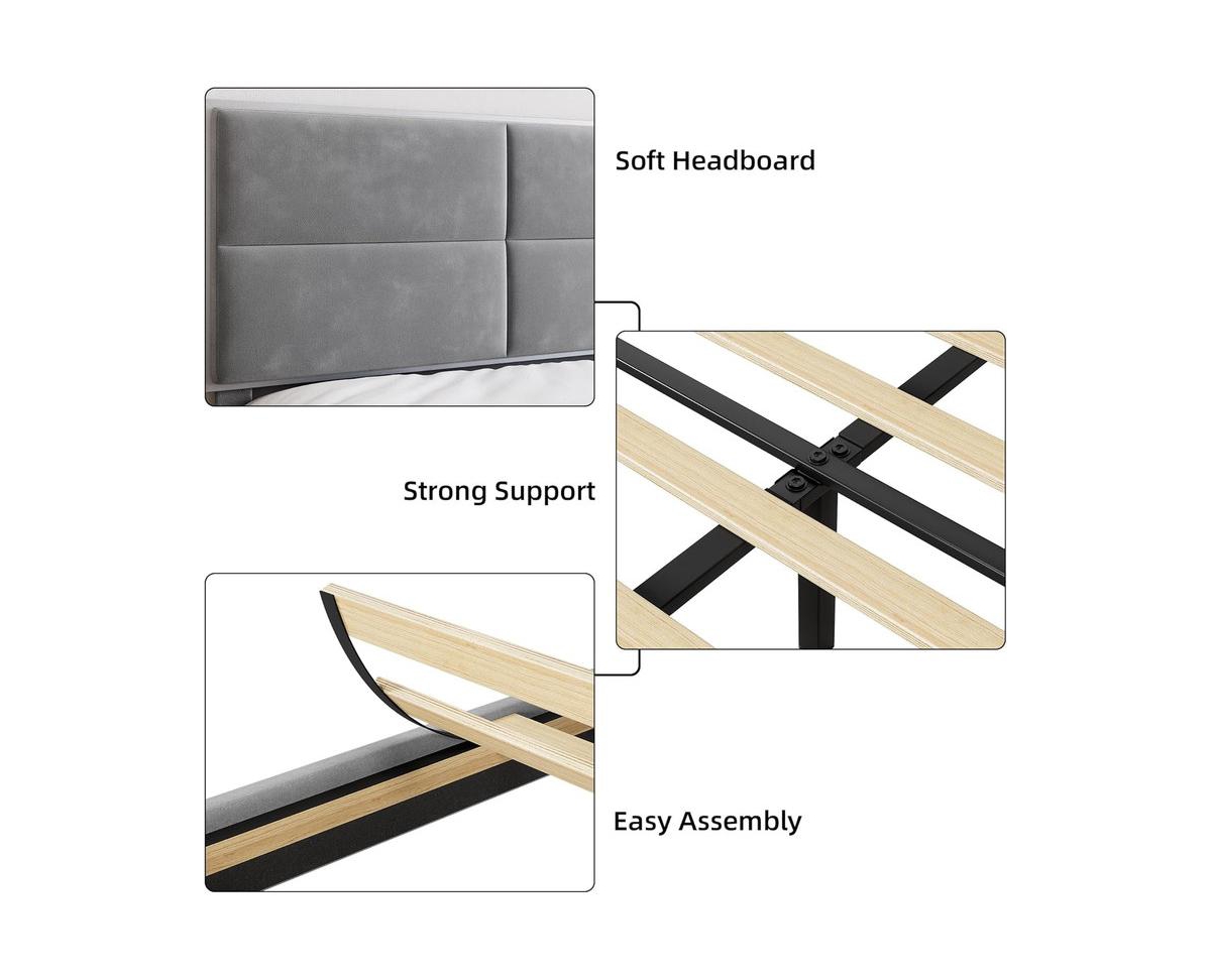 gaomon Size Bed Frame, Velvet Upholstered Platform Bed Frame with Headboard, Wooden Slats Support, No Box Spring Needed, Easy Assembly, Gray - Gr