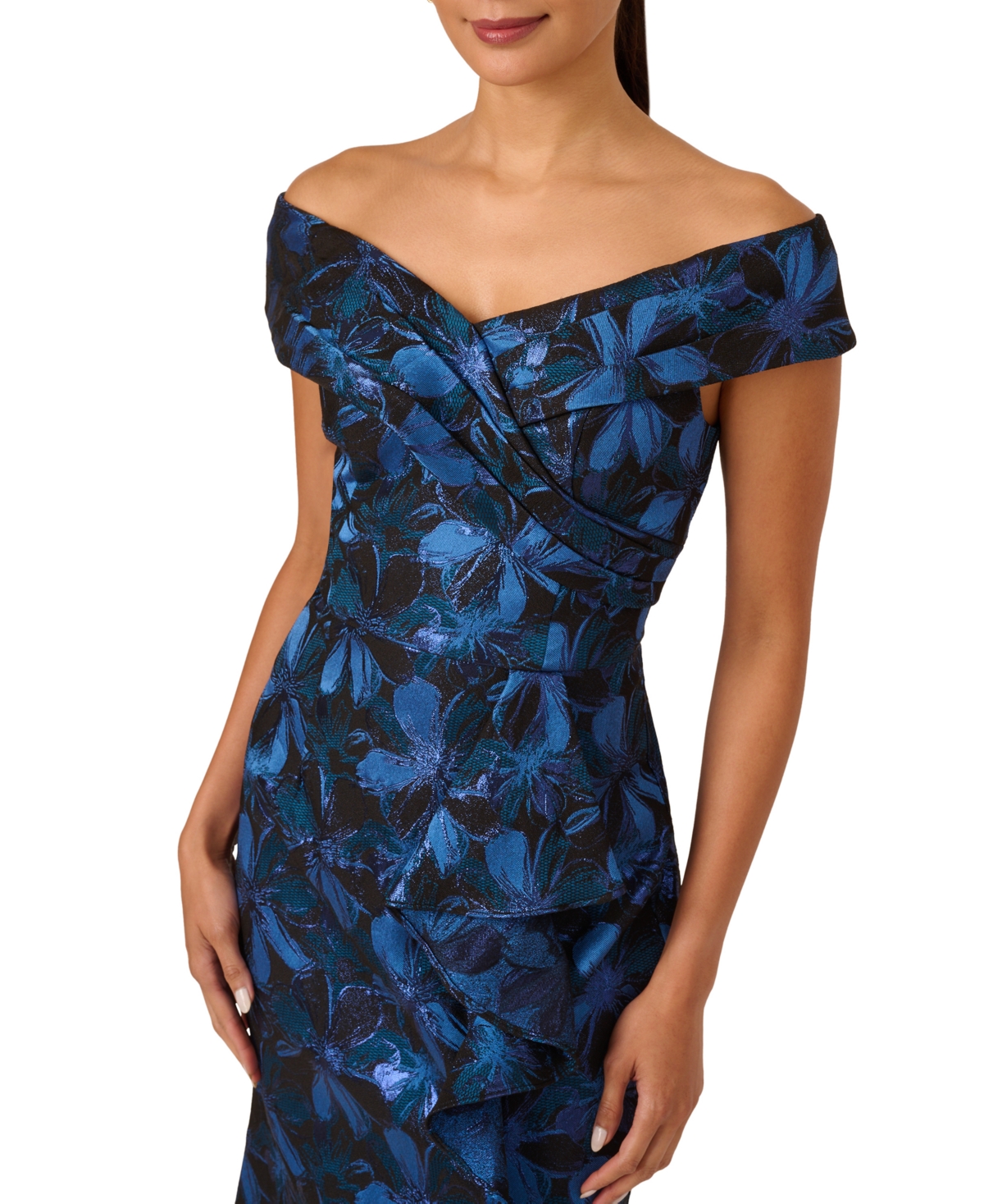 Shop Adrianna Papell Women's Jacquard Off-the-shoulder Gown In Blue Multi