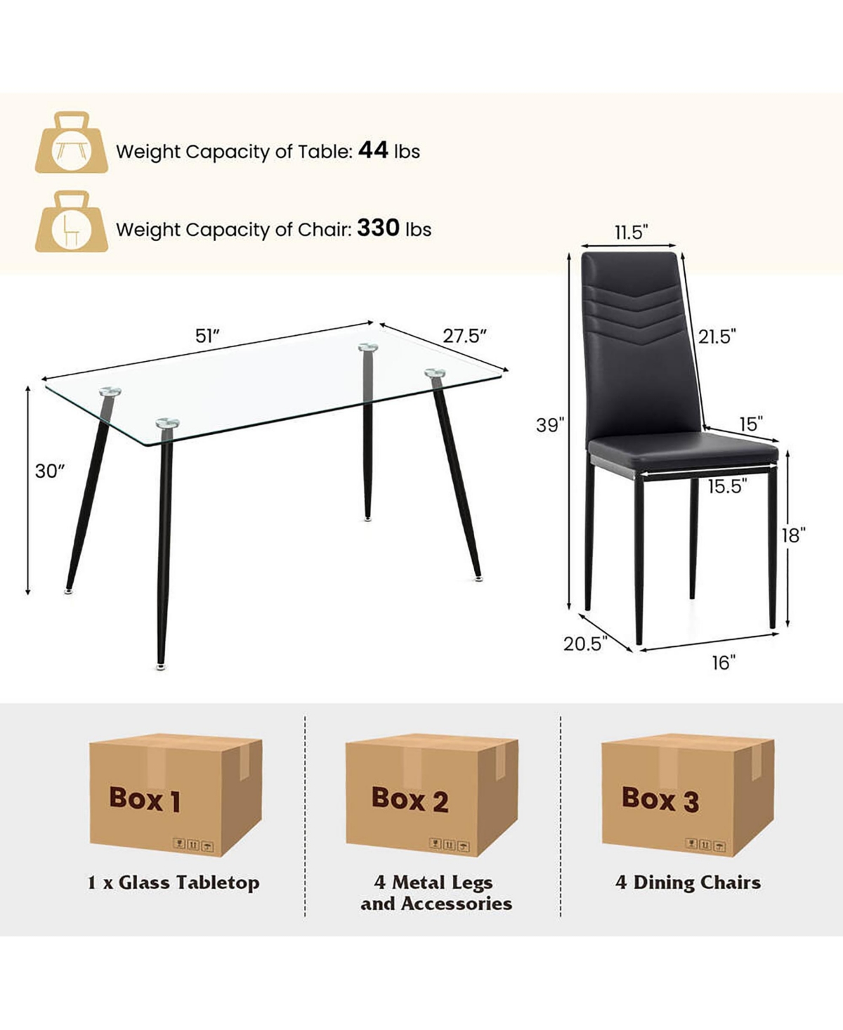 Gymax 5 Pcs 51'' Rectangle Dining Set 0.3'' Thick Glass Table w/ 4 Padded Dining Chairs