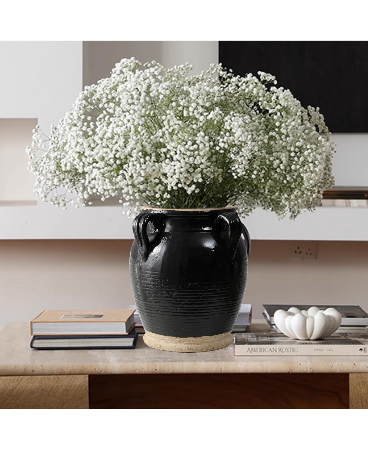 LuxenHome Black Jug Round Terracotta Vase with Two Handles