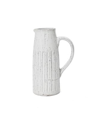 Vintage White Ribbed Terracotta Pitcher Vase with Handle