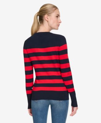 Women's Crewneck Stripe Sweater with Button Sleeve