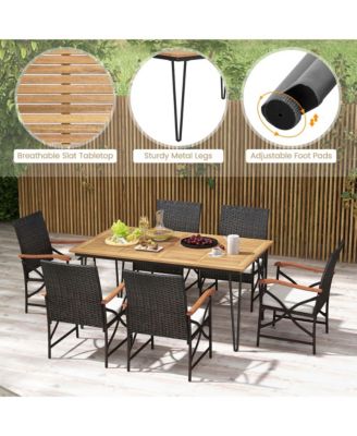 7 PCS Patio Dining Set with Acacia Wood Dining Table Rattan Armchairs Soft Cushions