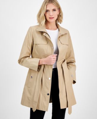 Women's Zip-Front Hooded Belted Trench Coat