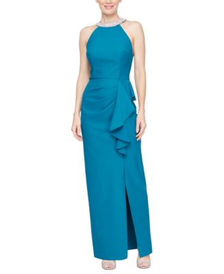 alex evenings embellished halter dress Women's Ruffled Gown TEMPPROMO