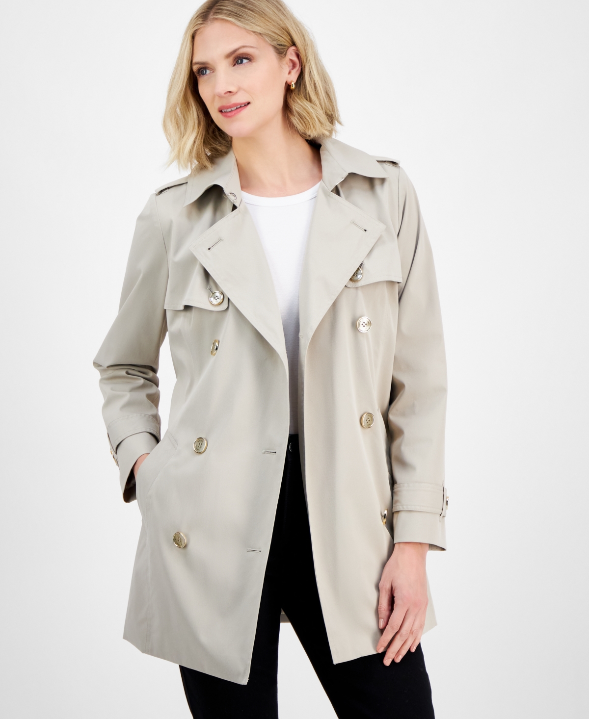 MICHAEL KORS MICHAEL MICHAEL KORS PETITE SHORT DOUBLE-BREASTED BELTED TRENCH COAT 