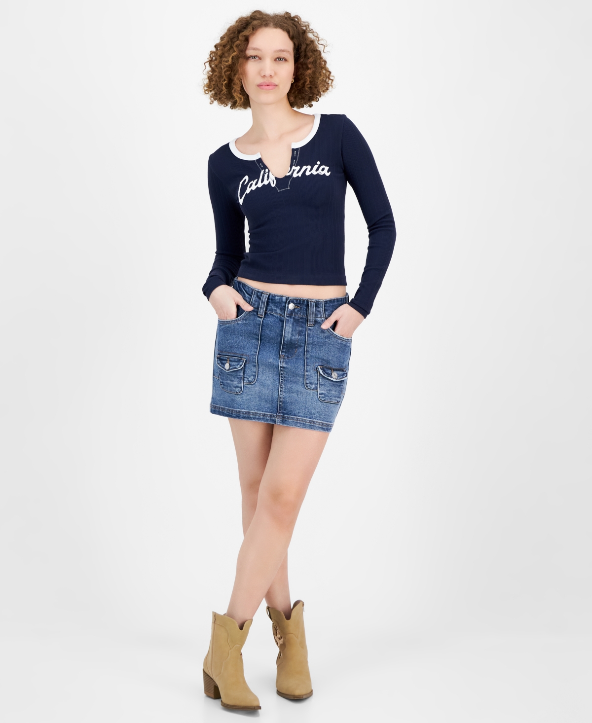 Juniors' Denim Mini Cargo Skirt - Medium Wash
