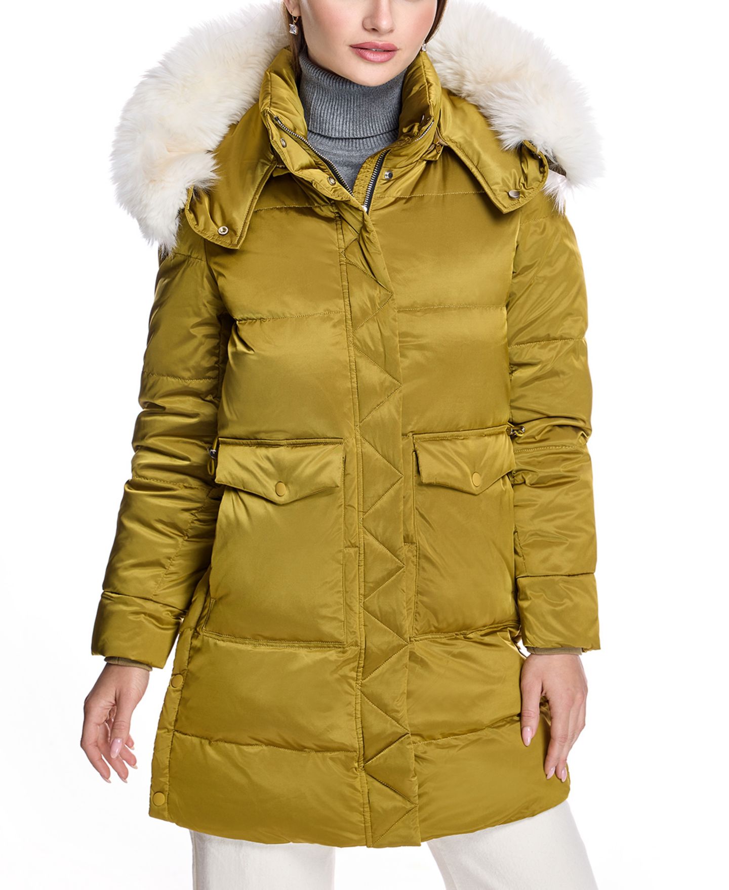 Женская куртка Julia & Stella By Maximilian Puffer Coat with Shearling Trim, цвет: Горчичный — фото 1