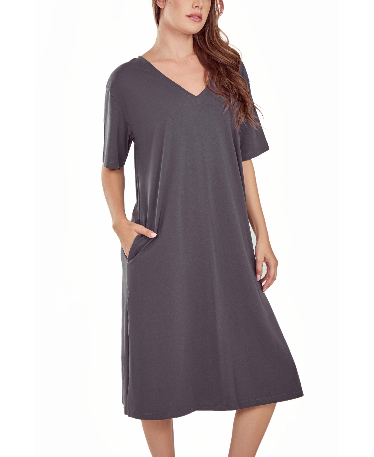 Icollection Women's Soft Knit Short Sleeve Nightgown Dress With Side Pockets In Charcoal