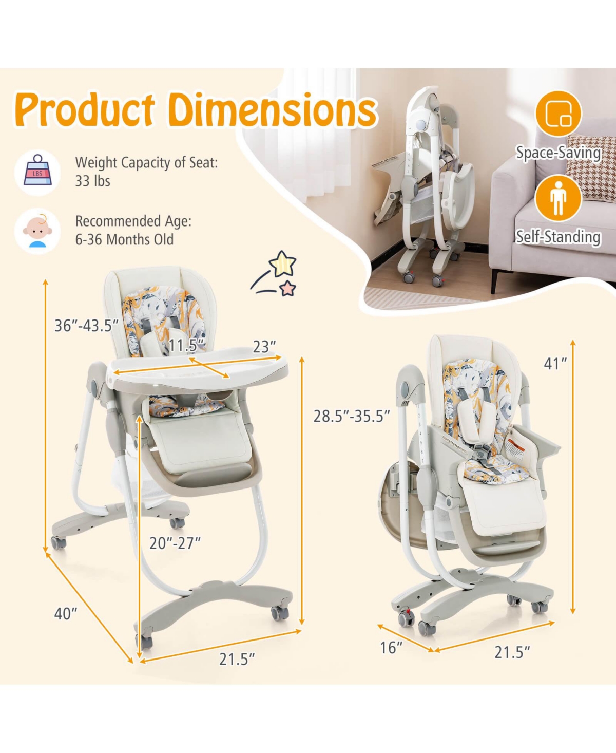 Costway High Chair for Babies & Toddlers with Rolling Wheels Adjustable Height Footrest