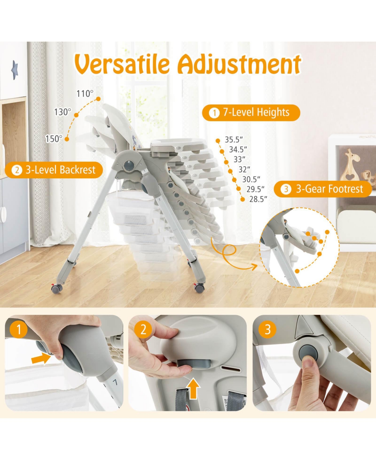 Costway High Chair for Babies & Toddlers with Rolling Wheels Adjustable Height Footrest