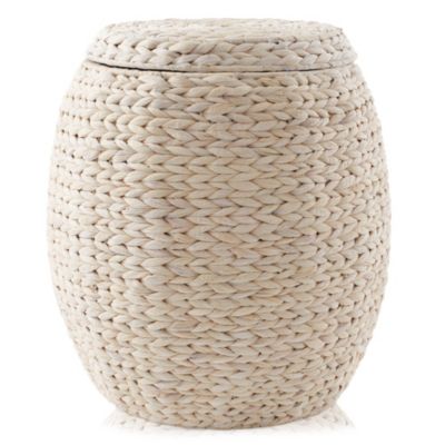 Round Storage Basket with Lid, Whitewash - Handwoven Water Hyacinth Hamper Organizer for Laundry, Blankets, Plants