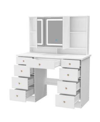 Pink Modern Makeup Vanity Desk 9-Drawers Wood Dressing Table with 3 Mirrors, Hidden Storage Shelves, LED Lighted Lights