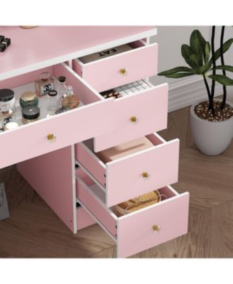 Pink Modern Makeup Vanity Desk 9-Drawers Wood Dressing Table with 3 Mirrors, Hidden Storage Shelves, LED Lighted Lights