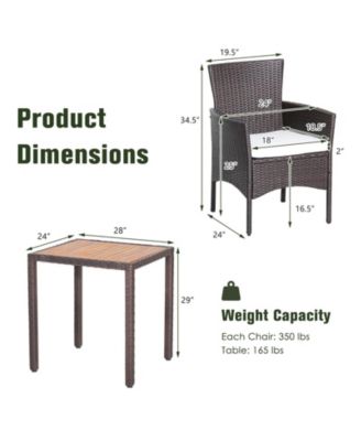3 Pieces Patio Wicker Furniture Set wih Acacia Wood Table Top and Chair Cushiones
