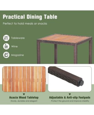 3 Pieces Patio Wicker Furniture Set wih Acacia Wood Table Top and Chair Cushiones