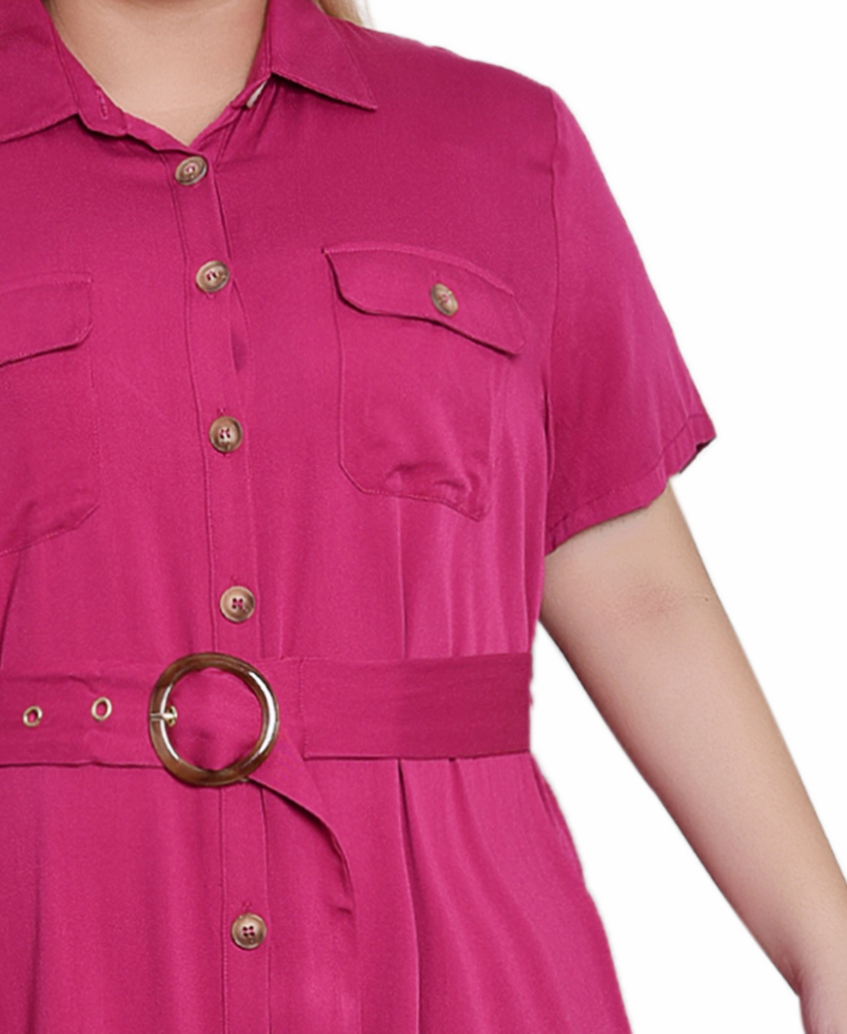 Ny Collection Plus Size Short Sleeve Midi Twill Dress In Festival Fuchsia