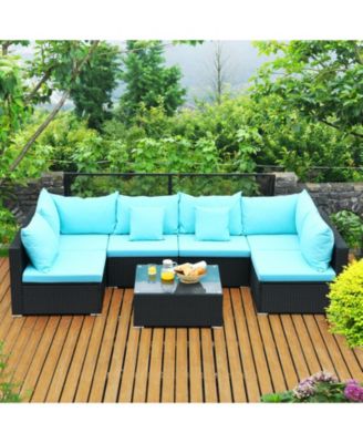 7 Pieces Sectional Wicker Furniture Sofa Set with Tempered Glass Top-Blue