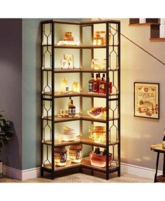 Corner Shelf, 7-Tier Industrial Corner Bookshelf, Wood and Metal Corner Etagere Bookcase, Freestanding Display Shelf for Living Room