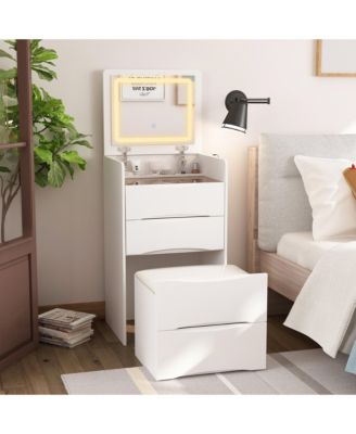 White Makeup Vanity Sets Dressing Chest with Flip-top Mirror, 3-Drawers, See-Through Glass Top, LED Lights and Stool