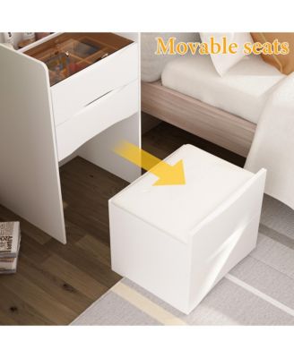 White Makeup Vanity Sets Dressing Chest with Flip-top Mirror, 3-Drawers, See-Through Glass Top, LED Lights and Stool