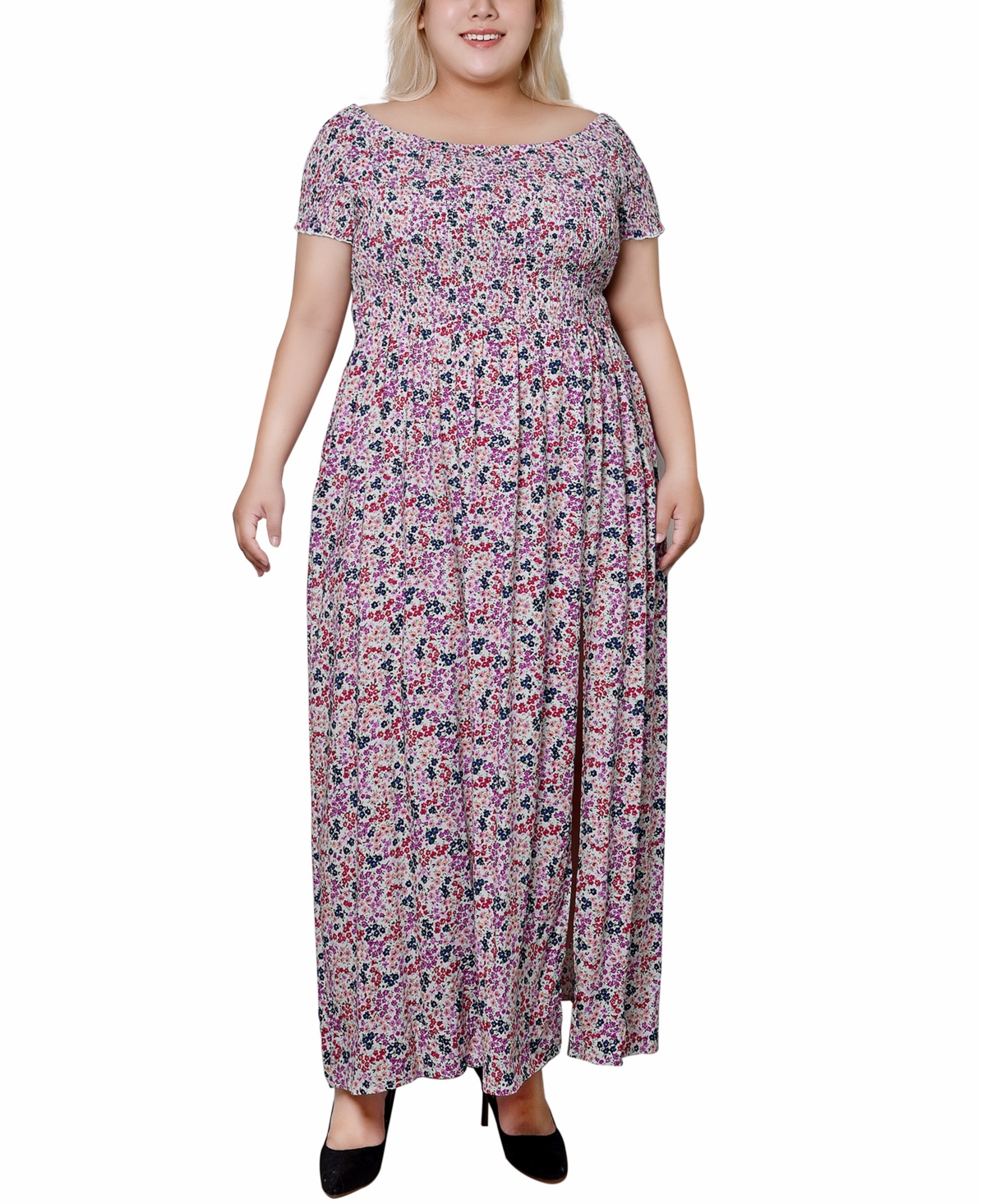 Shop Ny Collection Plus Size Smocked Bodice Maxi Dress In Ivory Ditsy Floral