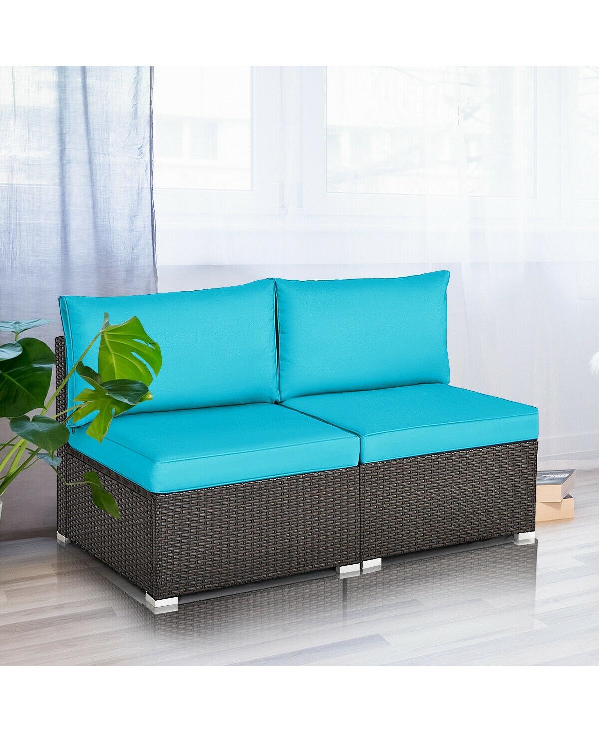 Skonyon 2 Pieces Patio Rattan Armless Sofa Set with 2 Cushions and 2 Pillows -aqua