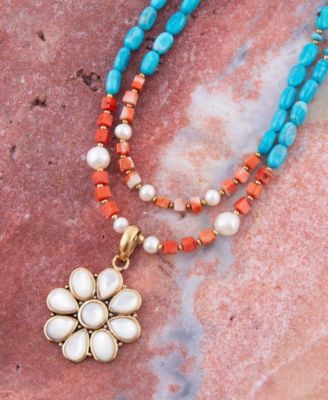 Hibiscus Genuine Multi Stone Mother of Pearl Bronze Flower Pendant Necklace