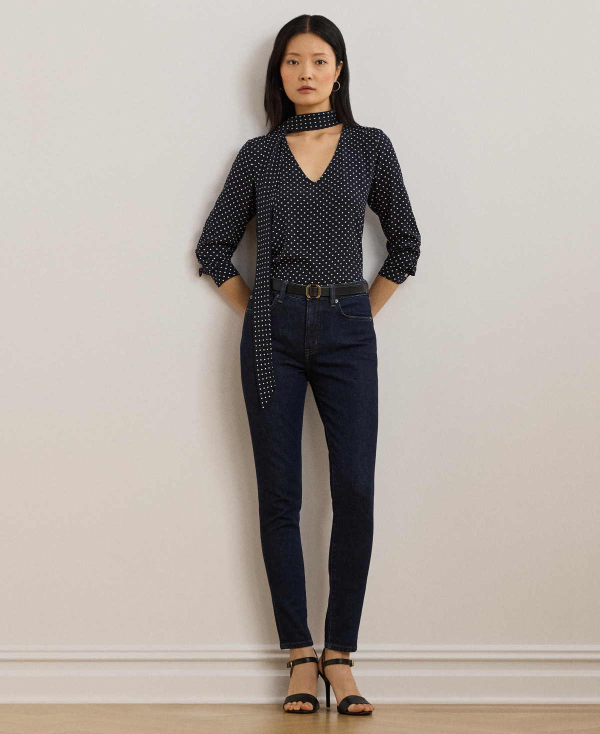 Lauren Ralph Lauren Women's Polka-Dot Georgette Tie-Neck Blouse -cream