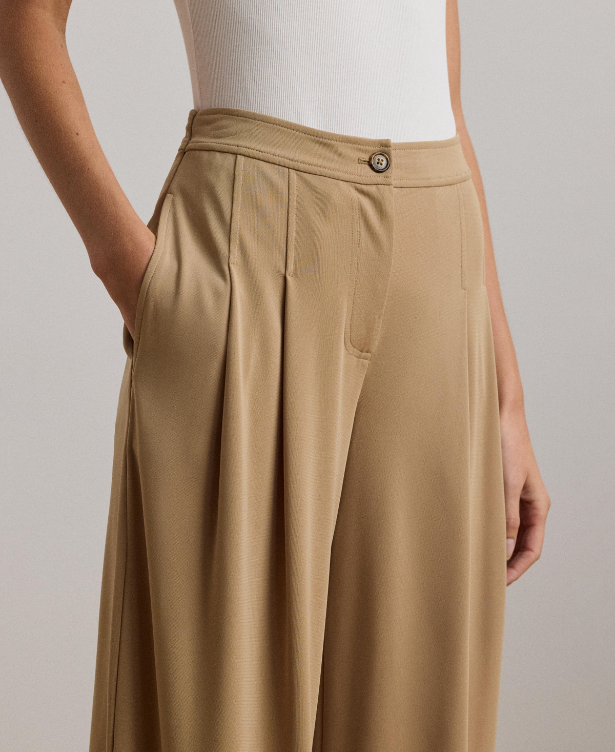 Shop Ralph Lauren Women's Pleated Stretch Jersey Wide-leg Pants, Regular & Petite In Classic Camel