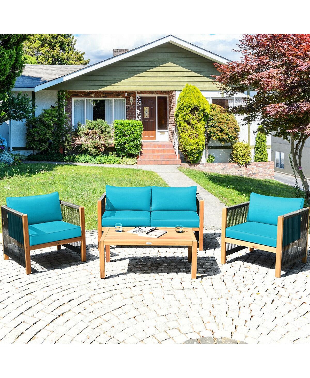 Sugift 4 Pieces Acacia Wood Sofa Set with Cushions for Outdoor Patio- Blue